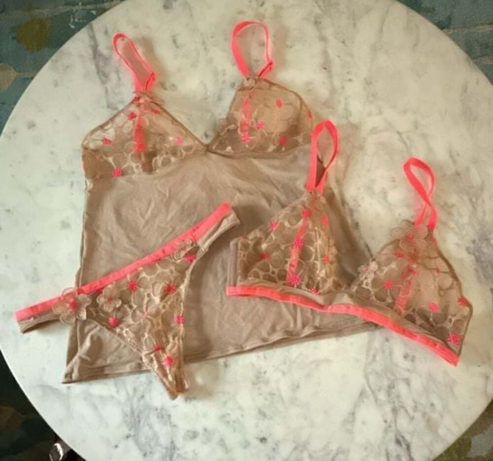 Huit 8 Floral Lingerie Set - Camisole, Triangle Bra, & Thong, Beige + Neon Pink
